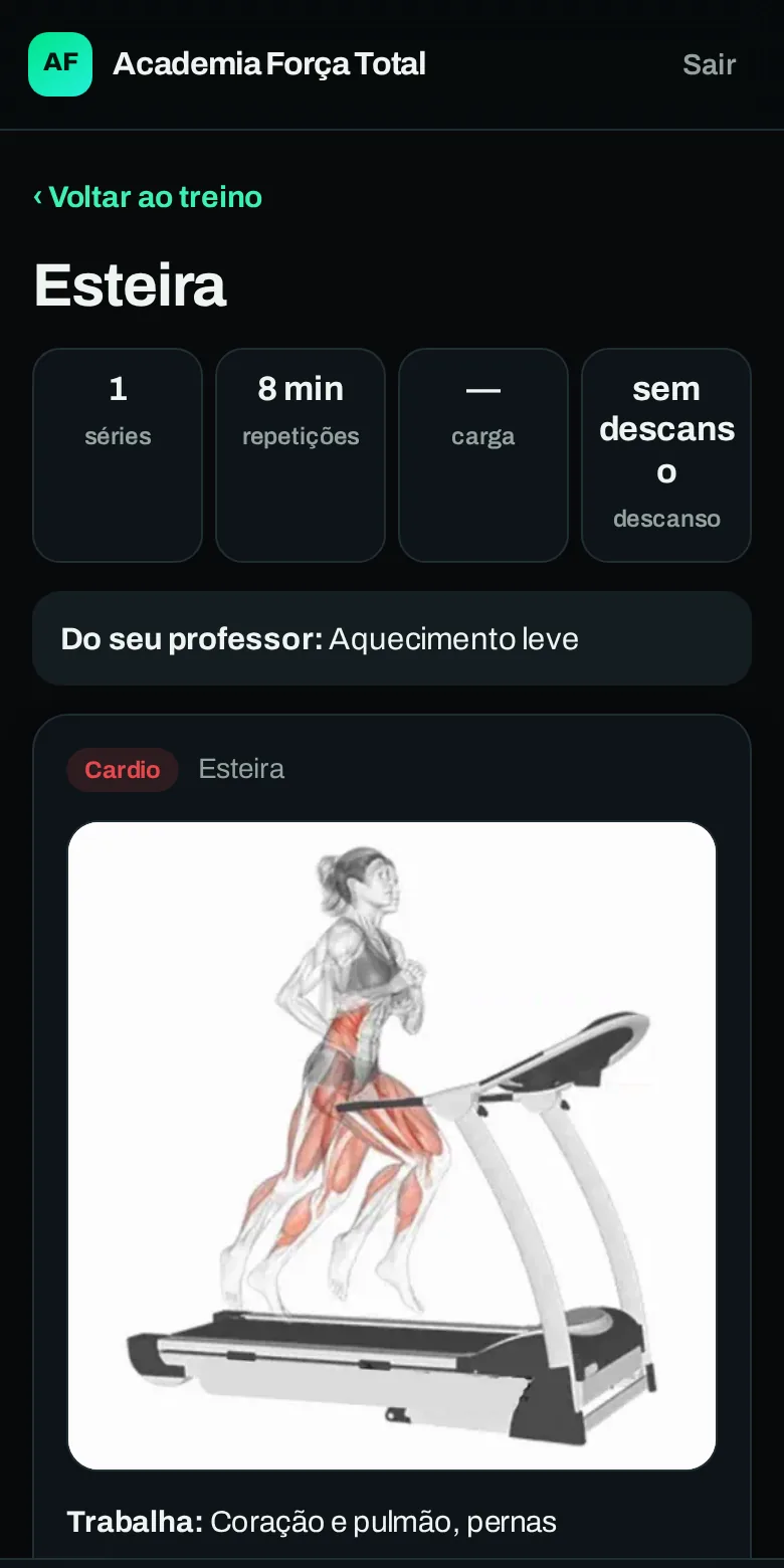 Tela do app do aluno com o passo a passo do supino na máquina